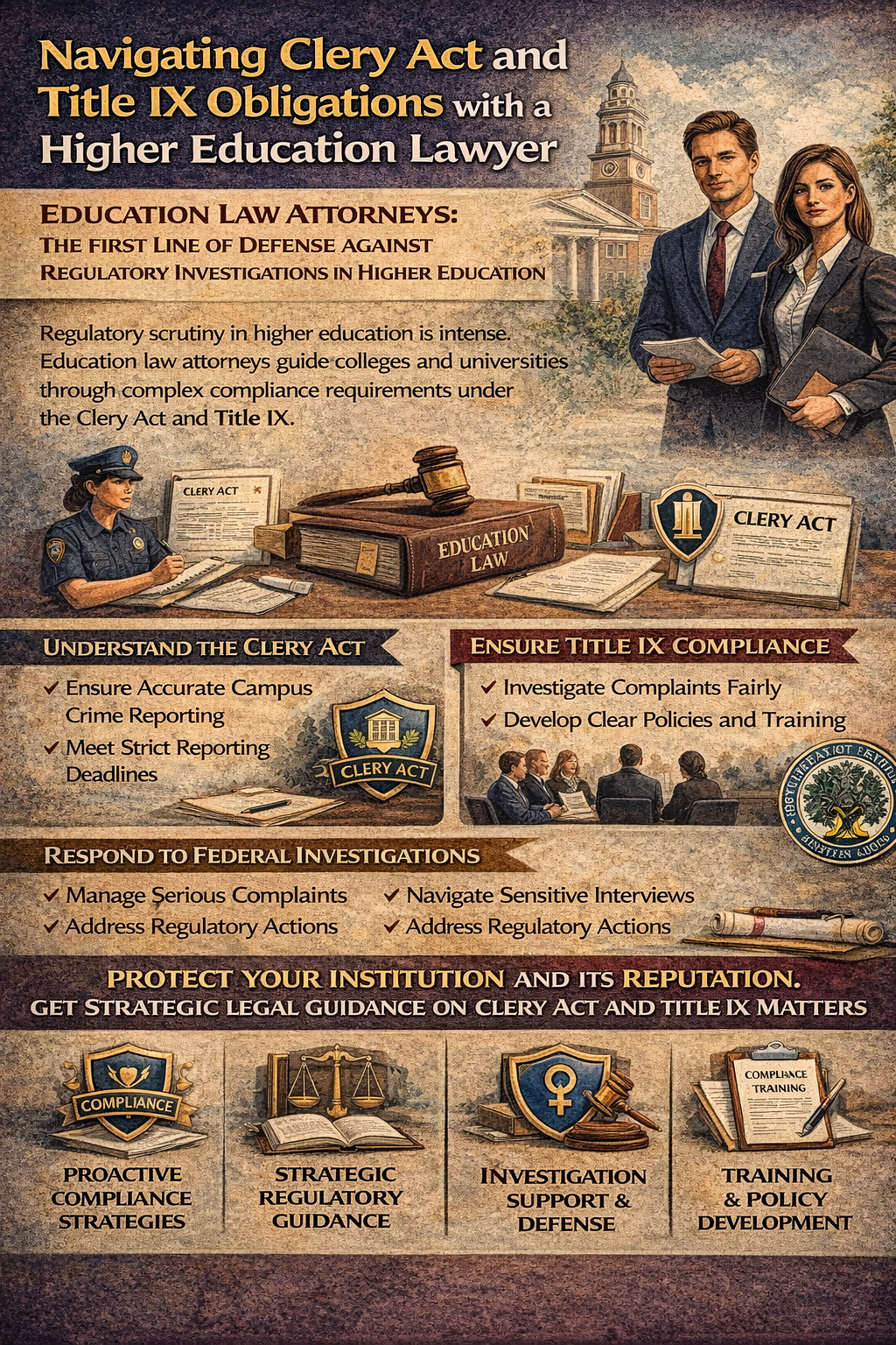 Navigating Clery Act and Title IX Obligations with a Higher Education Lawyer” showing education law attorneys standing in front of a university campus with legal documents. The image explains how higher education lawyers support colleges and universities with Clery Act and Title IX compliance, including accurate campus crime reporting, fair investigation of complaints, policy development, training, and responding to federal regulatory investigations. Visual elements include law books, a gavel, compliance shields, investigation scenes, and icons representing proactive compliance strategies, regulatory guidance, and institutional protection.