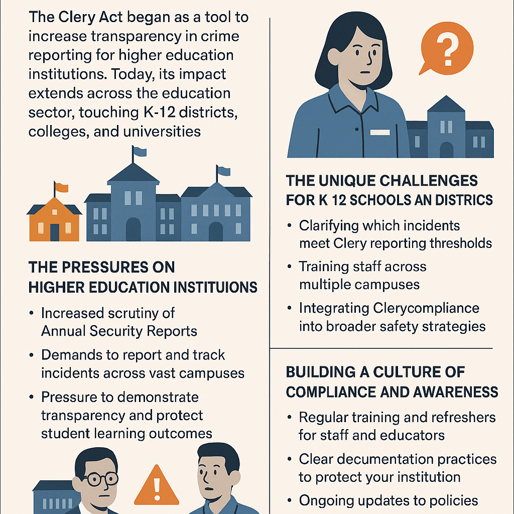 Infographic titled “Understanding the Clery Act’s Expanding Reach.” The left panel explains that the Clery Act began as a tool to increase transparency in crime reporting for higher education institutions and now affects K-12 schools, colleges, and universities. It highlights pressures on higher education institutions, including scrutiny of Annual Security Reports, demands to track incidents, and the need to demonstrate transparency. The right panel describes unique challenges for K-12 schools: clarifying reportable incidents, training staff across campuses, and integrating compliance into safety strategies. The bottom section emphasizes building a culture of compliance through regular training, clear documentation, and policy updates. The design uses blue, orange, and gray illustrations of schools and staff with icons such as flags, warning signs, and question marks.