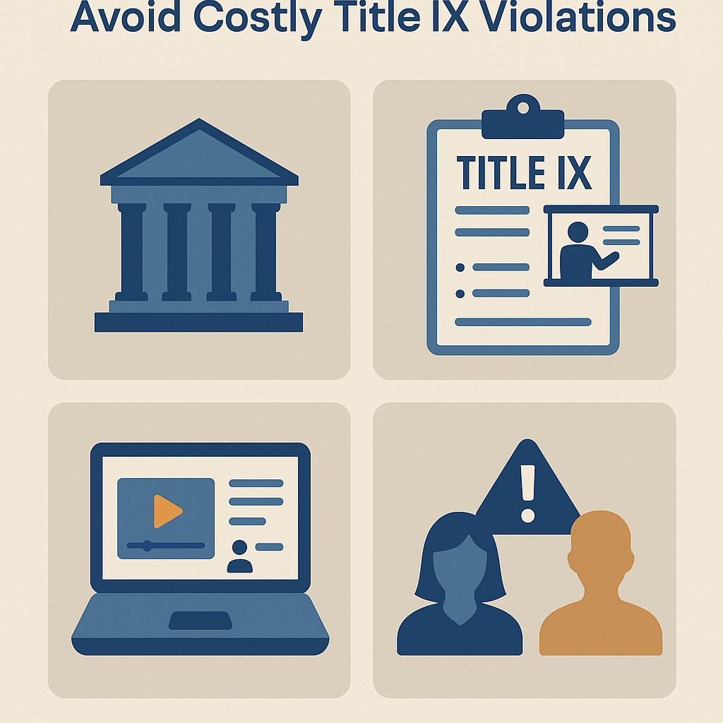 Infographic titled “Essential Training Strategies Every University Needs to Avoid Costly Title IX Violations.” The design features four icons on a beige background: a blue university building representing institutional compliance, a clipboard labeled “Title IX” with a figure presenting information, a laptop displaying an online training video, and two human figures beside an exclamation point warning symbol highlighting gender equality issues. The color palette includes navy, blue, beige, and orange.