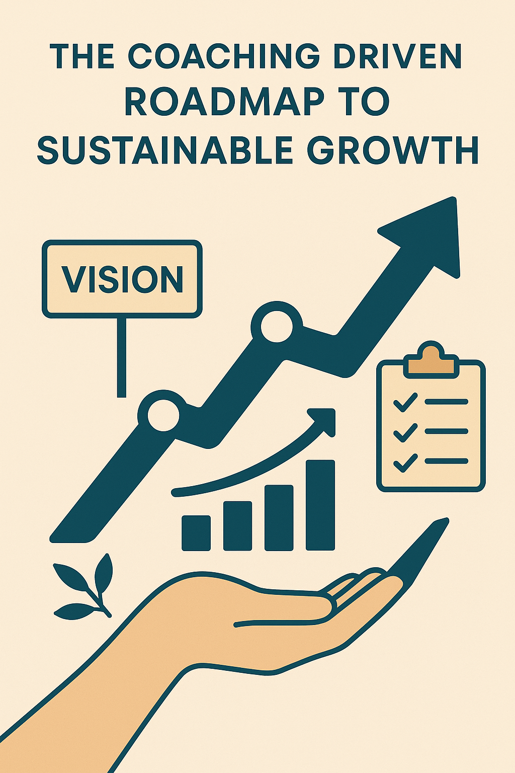 The Coaching Driven Roadmap to Sustainable Growth” featuring a minimalist flat design on a beige background. Central elements include a large upward arrow with three circular waypoints symbolizing progress, a sign labeled “Vision,” a clipboard checklist, and a growing bar graph with an arrow. At the bottom, an open hand and a sprouting leaf represent support and growth. The color scheme includes dark teal, beige, and light orange tones to convey clarity and stability.