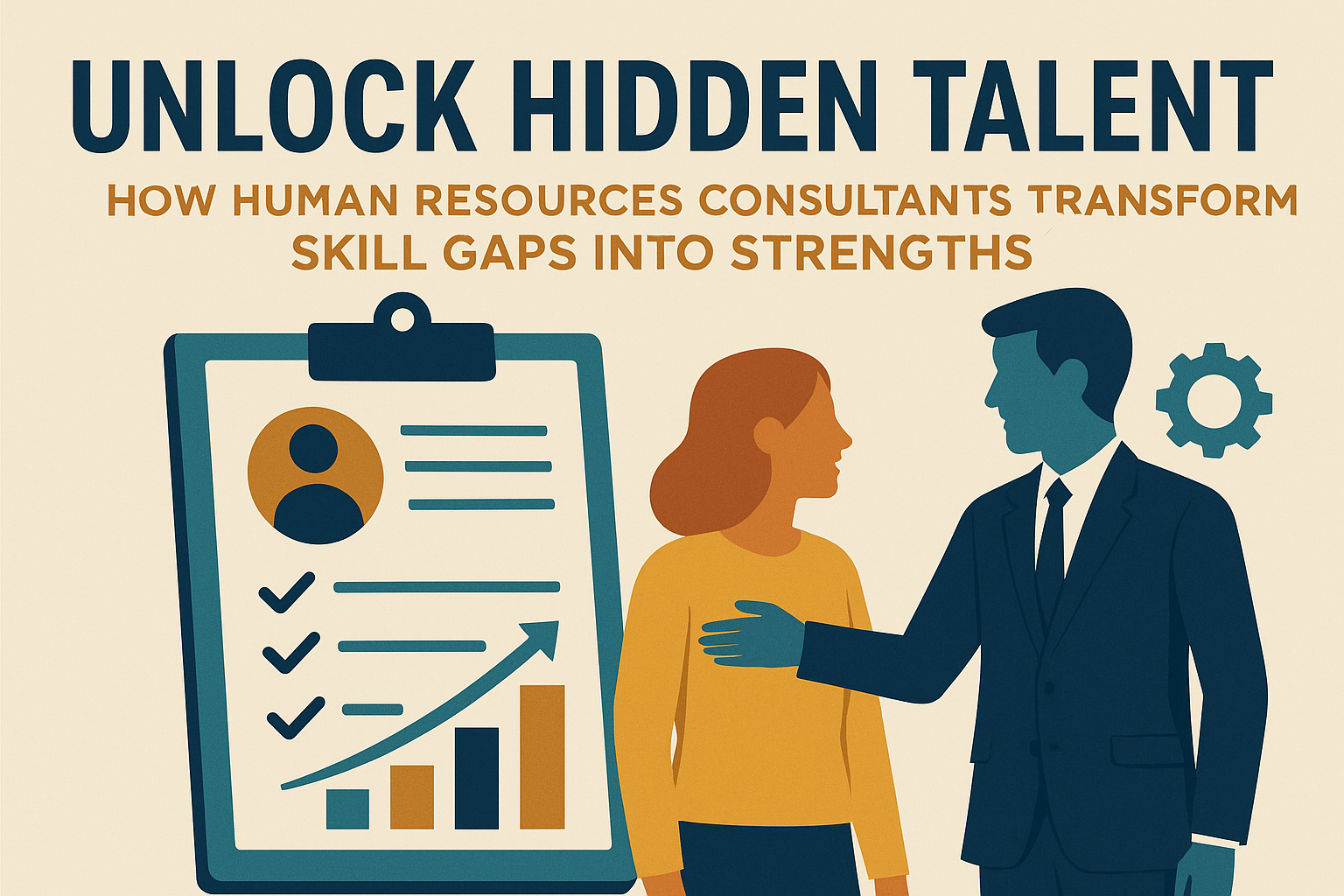 A flat design digital illustration with a beige background features the headline “UNLOCK HIDDEN TALENT” in bold navy blue, and the subheading “How Human Resources Consultants Transform Skill Gaps into Strengths” in mustard yellow. On the left, a large clipboard displays a profile icon, checkmarks, and an upward-trending bar chart. On the right, a teal-colored male HR consultant gestures toward a female professional in mustard yellow. A teal gear icon in the background symbolizes strategy and development.
Ask ChatGPT