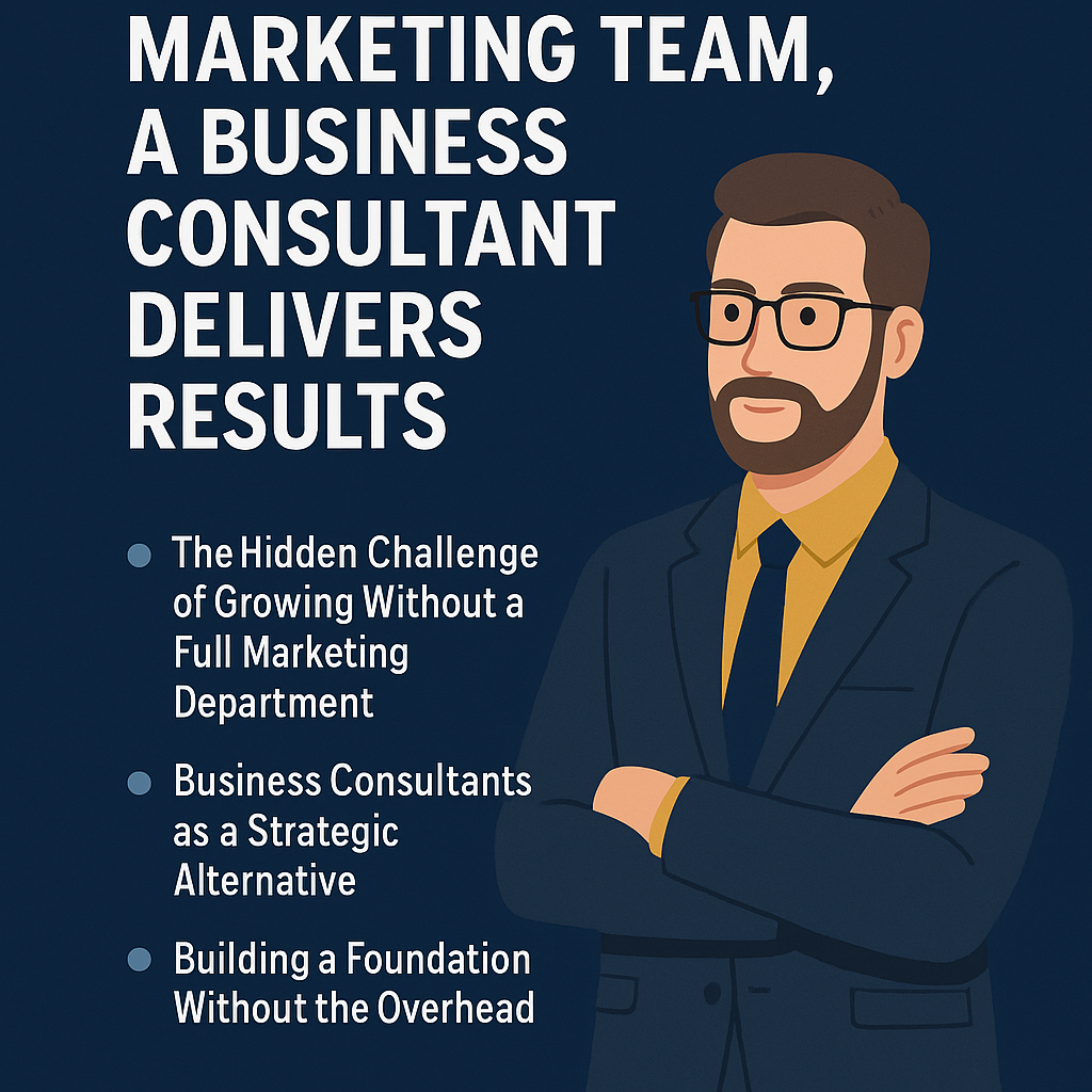 A digital graphic titled “Marketing Team, a Business Consultant Delivers Results” features a confident, bearded man in a suit and glasses representing a business consultant. Set against a navy blue background, the image includes three key bullet points: “The Hidden Challenge of Growing Without a Full Marketing Department,” “Business Consultants as a Strategic Alternative,” and “Building a Foundation Without the Overhead.” The design uses a clean, professional layout with white, light blue, and mustard yellow accents.
Ask ChatGPT