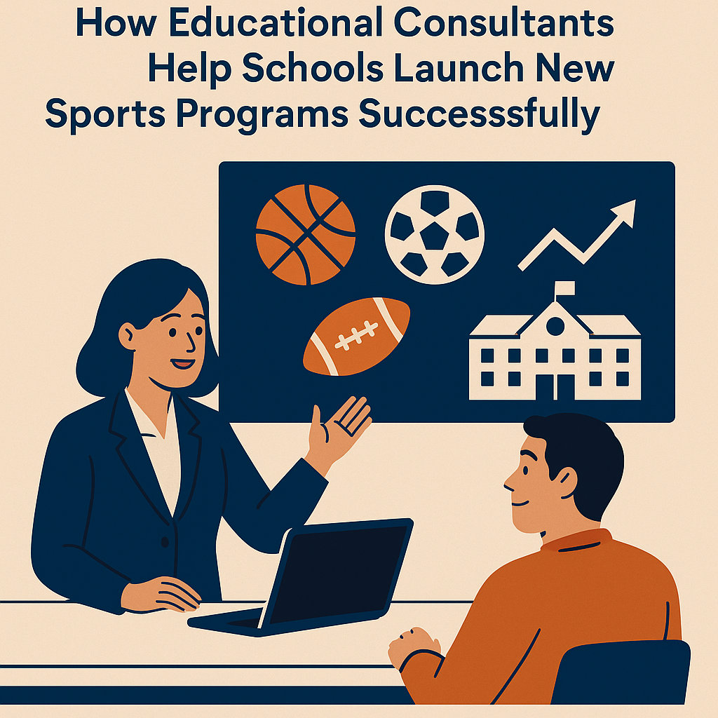 Promotional illustration titled “How Educational Consultants Help Schools Launch New Sports Programs Successfully.” The top section displays bold navy text on a beige background. Below, a female consultant in a navy suit gestures toward a presentation board showing icons of a basketball, soccer ball, football, an upward arrow, and a school building. She is speaking to a seated male school administrator wearing an orange shirt. A laptop sits on the table between them. The color palette includes navy blue, orange, beige, and white for a clean, professional look.
