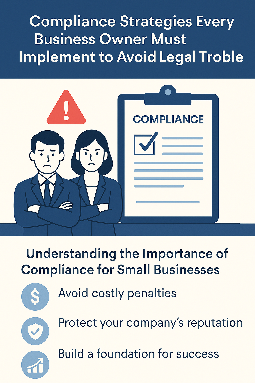 Infographic titled “Compliance Strategies Every Business Owner Must Implement to Avoid Legal Trouble.” The top section features the title in bold white text on a dark blue background. In the middle, two serious-looking business owners stand beside a large compliance checklist on a clipboard, with a red warning triangle above them. The bottom section lists three benefits of compliance with icons: a dollar sign for avoiding costly penalties, a shield for protecting reputation, and an upward graph for building success.