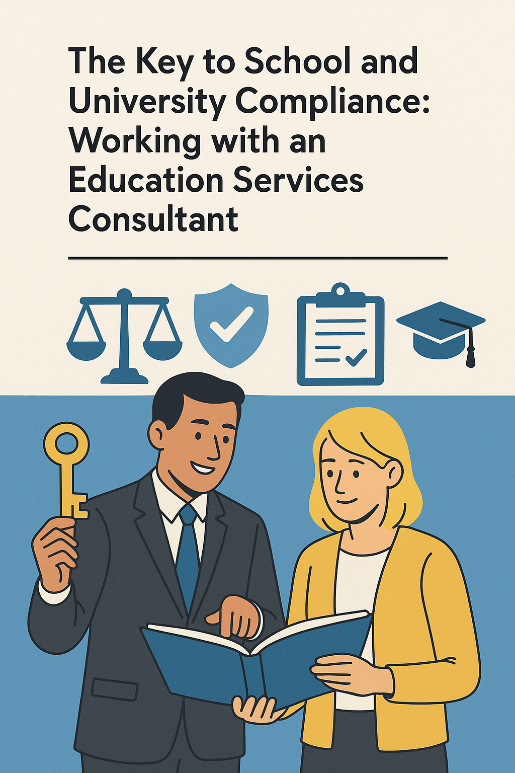 2D vector illustration showing a smiling male education consultant with dark hair in a suit holding a large gold key, guiding a female educator with blonde hair wearing a yellow cardigan as they look at a blue binder together. Above them are icons of a justice scale, a shield with a check mark, a clipboard, and a graduation cap, representing compliance, accountability, and education. At the top, bold text reads: