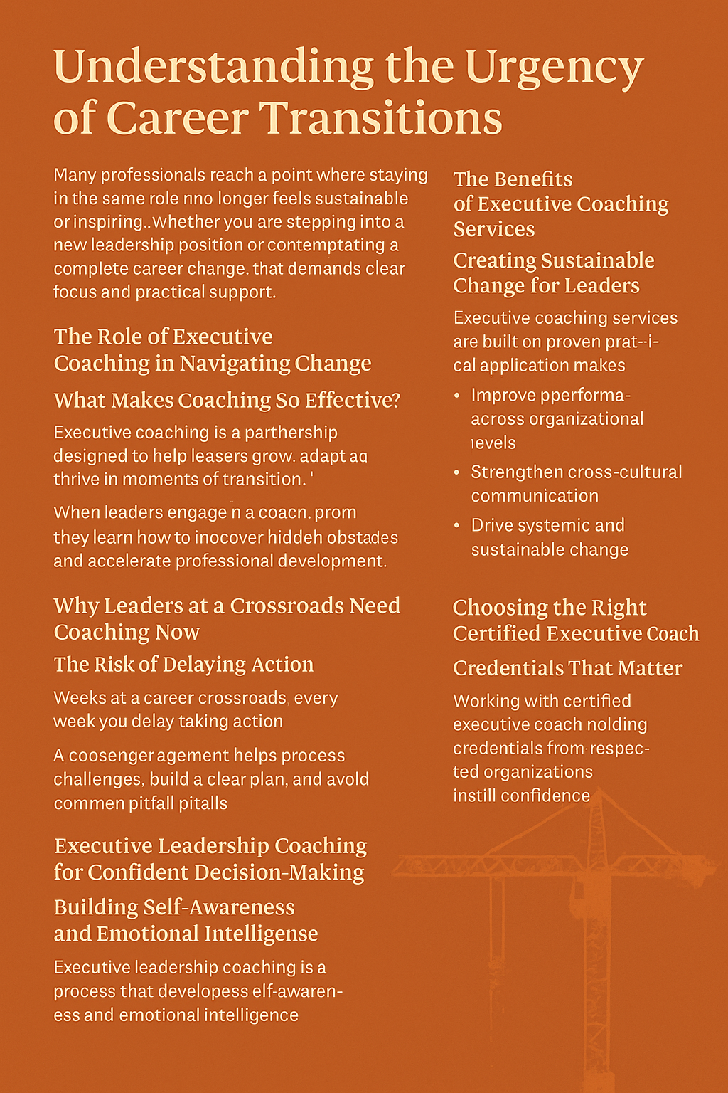 A digital infographic titled “Understanding the Urgency of Career Transitions” on a burnt orange background with white text. The content is arranged in six sections: