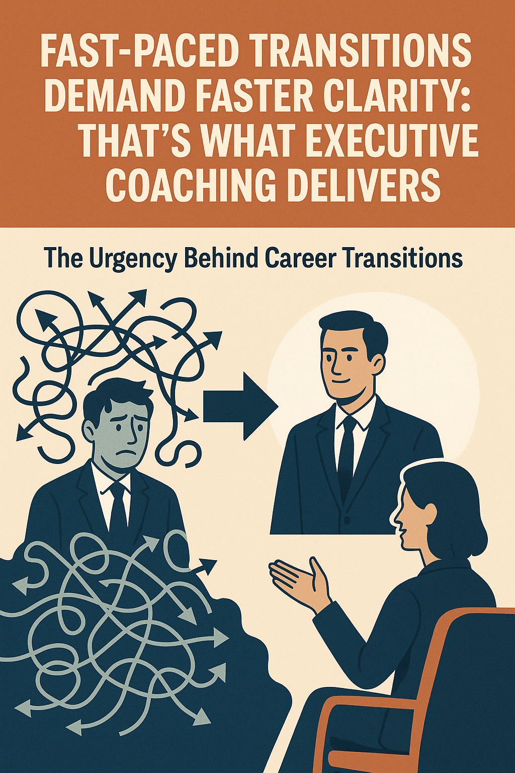 Illustration showing the transformation from a confused, overwhelmed businessman surrounded by chaotic arrows to a confident, composed professional. A certified executive coach sits in a chair, guiding the transition. Bold text above reads: “Fast-Paced Transitions Demand Faster Clarity: That’s What Executive Coaching Delivers.” Subheading: “The Urgency Behind Career Transitions.” The image uses a warm, professional color palette to emphasize clarity and support.