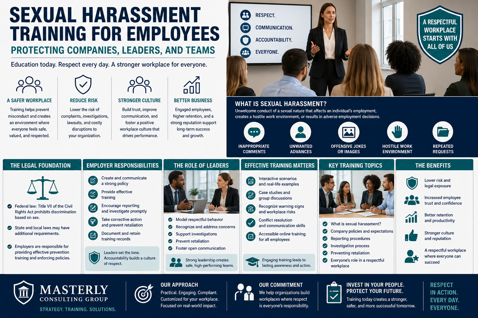 Professional sexual harassment prevention training session for employees, featuring workplace education on respectful conduct, harassment awareness, leadership responsibilities, compliance requirements, reporting procedures, and strategies for creating a safe, inclusive, and respectful work environment.