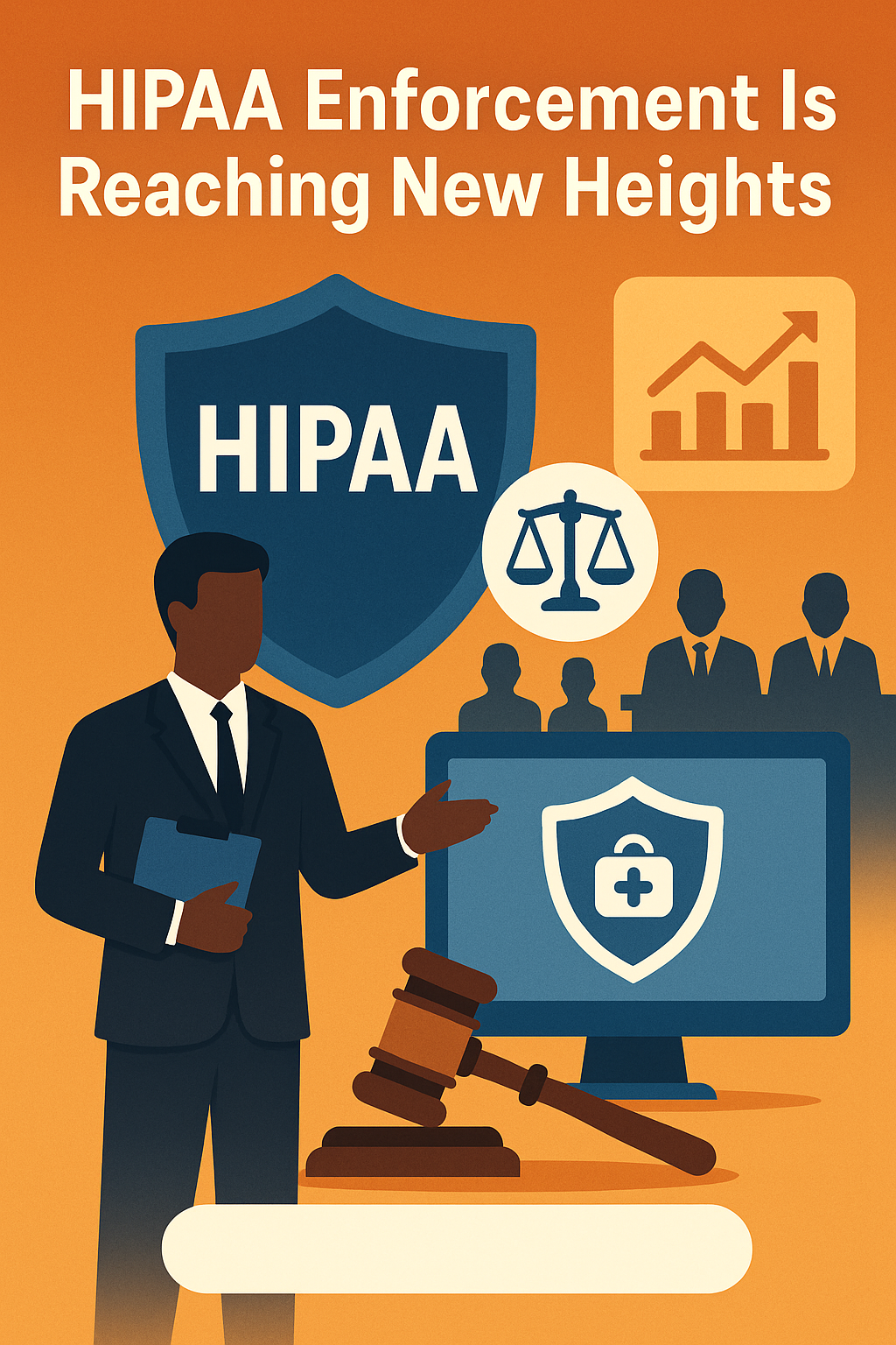 Illustration featuring a professional in a suit holding a clipboard, standing next to a large blue shield labeled