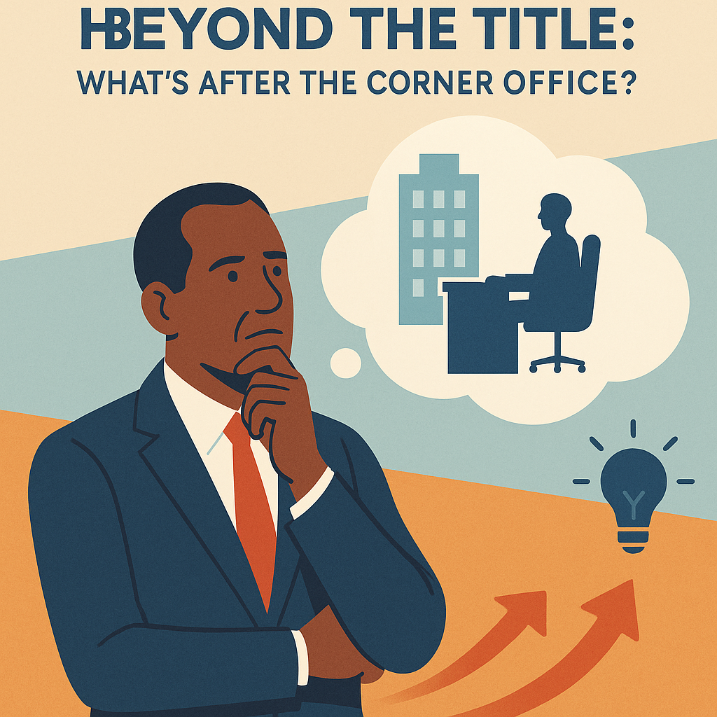 A flat-style digital illustration shows an African American man in a navy suit and red tie, standing with a thoughtful expression and hand on his chin. Above his head is a thought bubble containing a silhouette of a person sitting at a desk next to a tall office building, symbolizing reflection on career transition. The background features warm orange and cool blue tones, with a light bulb icon and upward arrows, representing new ideas and future direction. The title at the top reads “Beyond the Title: What’s After the Corner Office?