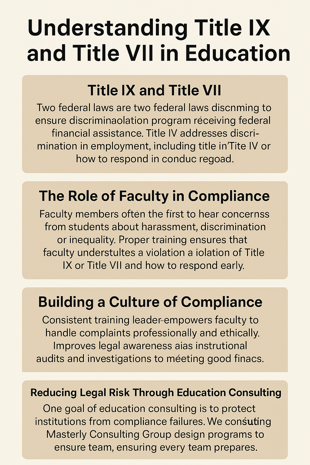 Infographic titled 'Understanding Title IX and Title VII in Education' with four sections: Title IX and Title VII, The Role of Faculty in Compliance, Building a Culture of Compliance, and Reducing Legal Risk Through Education Consulting. Each section explains the importance of federal compliance training for faculty in educational institutions. The layout uses beige background boxes with bold headings and brief descriptions.
