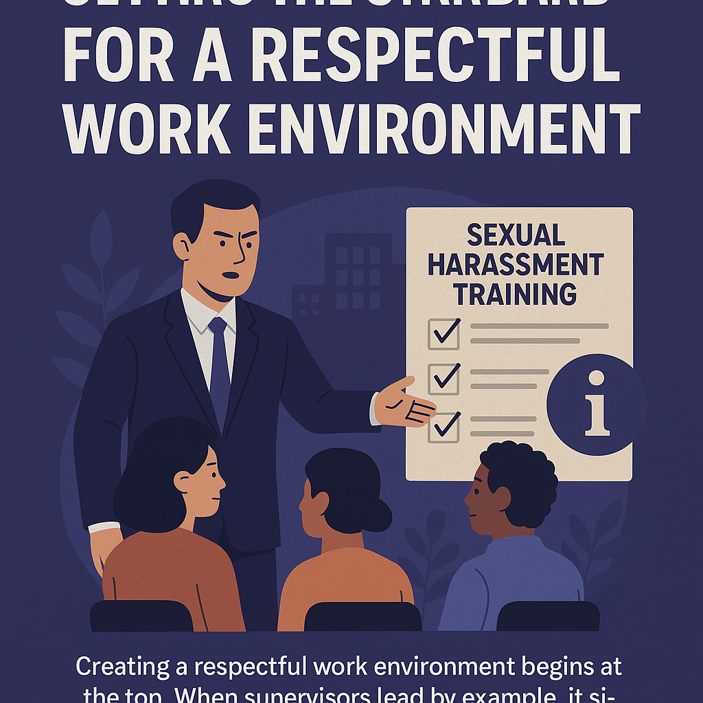 Flat-style digital illustration featuring a professional male supervisor in a dark suit addressing a diverse group of three employees seated in front of him. To the right, a large checklist titled “Sexual Harassment Training” is displayed, with checkmarks next to listed items and an information icon. Above, bold white text reads: “SETTING THE STANDARD FOR A RESPECTFUL WORK ENVIRONMENT.” The image visually emphasizes the importance of leadership and training in fostering workplace respect and professionalism.