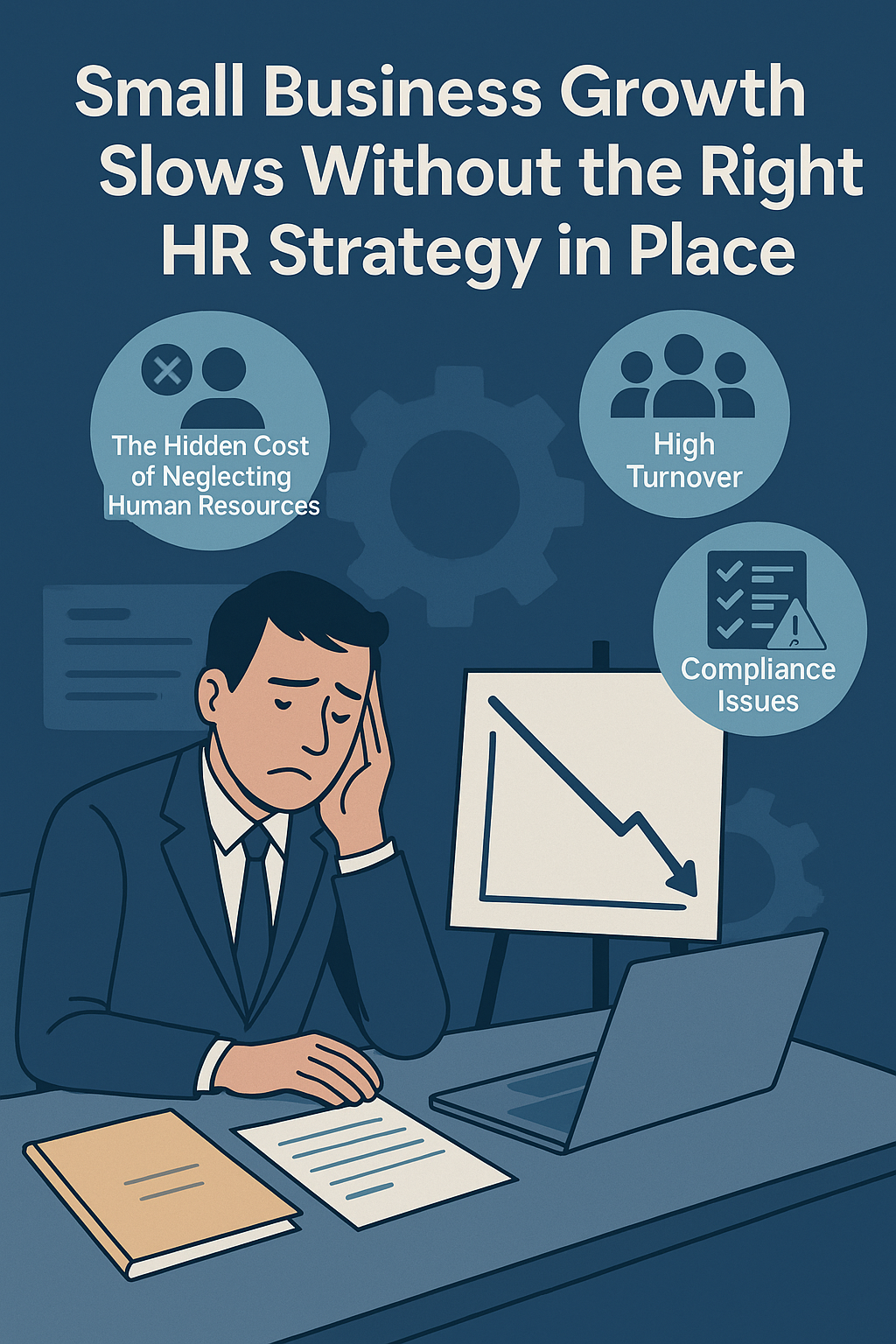 Digital illustration showing a stressed businessman sitting at a desk with a laptop and documents, symbolizing the negative impact of lacking an HR strategy. Above him is the headline “Small Business Growth Slows Without the Right HR Strategy in Place.” Surrounding the man are icons labeled “The Hidden Cost of Neglecting Human Resources,” “High Turnover,” and “Compliance Issues.” A downward-trending graph on a screen emphasizes declining business performance. The background includes gear symbols, representing business operations and systems.