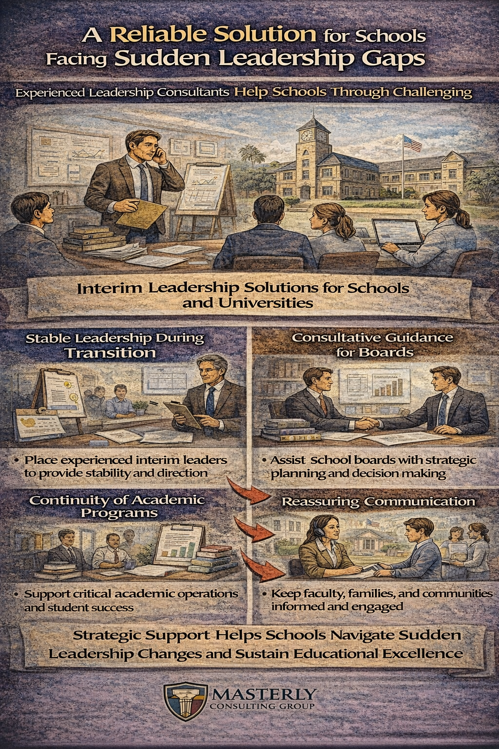 A Reliable Solution for Schools Facing Sudden Leadership Gaps,” illustrating how education consultants help schools and universities manage unexpected leadership vacancies through interim leadership, board consulting, academic program continuity, and clear communication with faculty, families, and communities to maintain stability and student success.