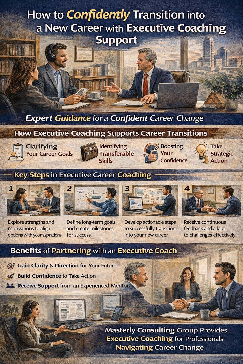 Infographic explaining how executive coaching supports professionals transitioning into a new career, highlighting steps such as clarifying career goals, identifying transferable skills, building confidence, creating a strategic plan, and receiving ongoing guidance from an executive coach.