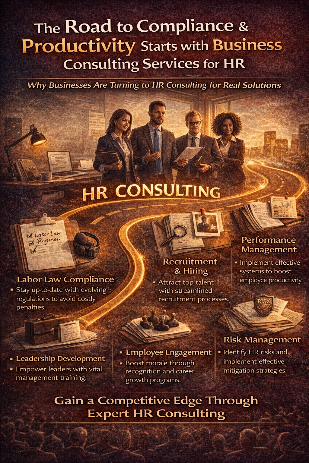 Infographic illustrating how HR consulting services help businesses achieve compliance and productivity, highlighting areas such as labor law compliance, recruitment and hiring, leadership development, employee engagement, performance management, and HR risk management.