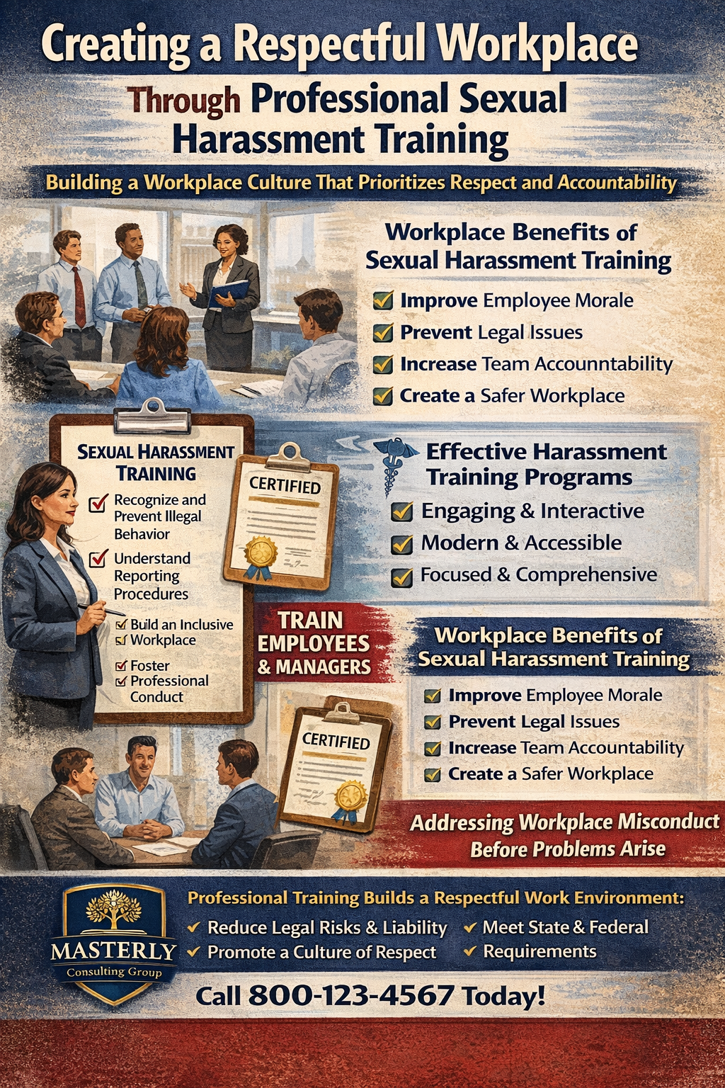 Infographic about creating a respectful workplace through professional sexual harassment training, highlighting benefits such as improving employee morale, preventing legal issues, increasing accountability, and promoting harassment prevention training for employees and managers to maintain compliance and workplace safety.
