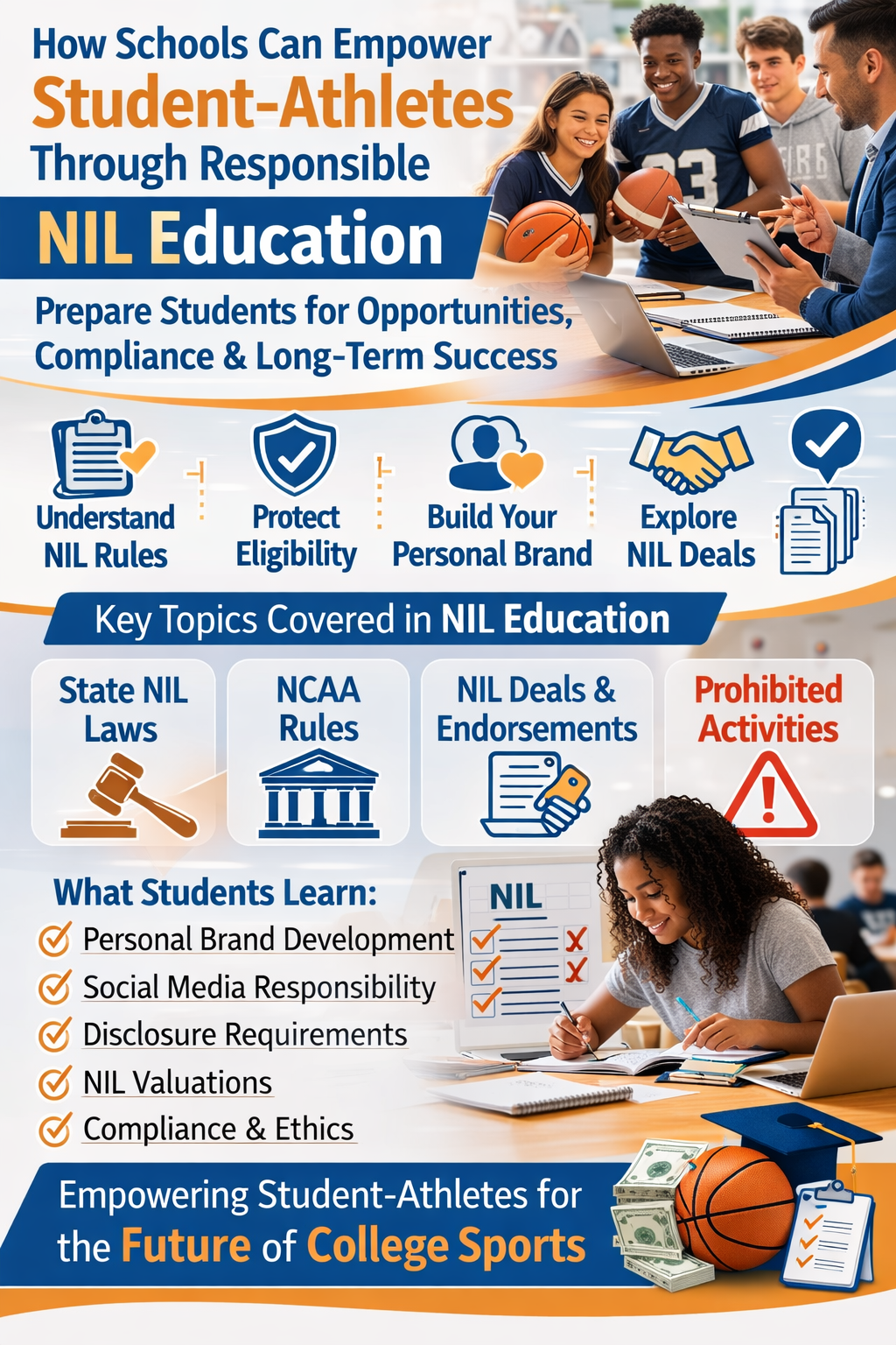 How Schools Can Empower Student-Athletes Through Responsible NIL Education.” The graphic shows student-athletes sitting with a coach or advisor discussing NIL opportunities at a table with a laptop and sports equipment. A checklist labeled “NIL Rules” highlights learning the rules, protecting eligibility, and building a personal brand. Additional sections explain NIL deals and opportunities, compliance with state laws, social media and personal branding, and protecting eligibility and future careers. The infographic also lists key education topics including understanding NIL laws and NCAA rules, avoiding prohibited NIL activities, evaluating NIL valuations and partnerships, and building a strong personal brand. The design uses blue and orange colors and includes the Masterly Consulting Group logo at the bottom.