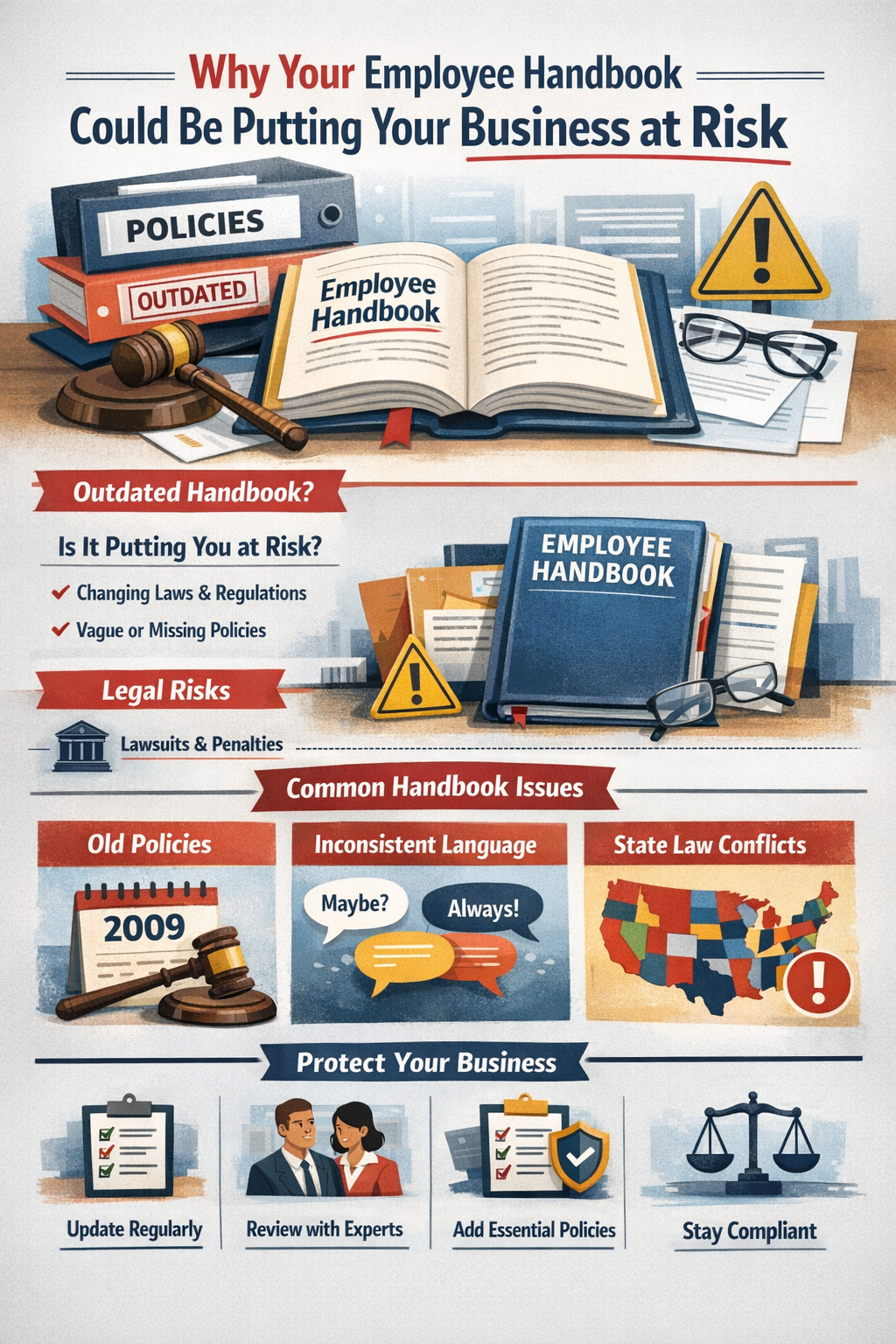 Why Your Employee Handbook Could Be Putting Your Business at Risk,” featuring an open employee handbook surrounded by legal symbols like a gavel, warning signs, and stacked policy documents labeled “outdated.” The design highlights risks such as changing laws, vague or missing policies, and legal consequences like lawsuits and penalties. Additional sections illustrate common issues like inconsistent language and state law conflicts, along with solutions such as regular updates, expert reviews, adding essential policies, and staying compliant, all presented in a clean, professional layout.