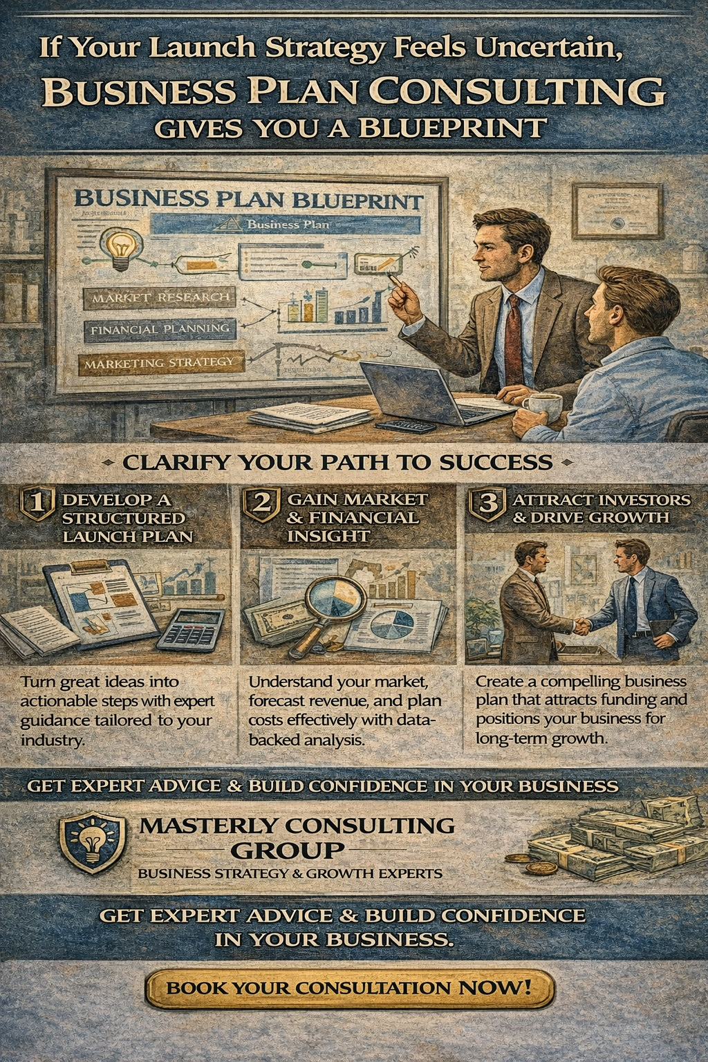 If Your Launch Strategy Feels Uncertain, Business Plan Consulting Gives You a Blueprint,” showing a consultant guiding an entrepreneur through a structured business plan blueprint covering market research, financial planning, and marketing strategy, with key benefits such as developing a launch plan, gaining financial insight, attracting investors, and booking a consultation with Masterly Consulting Group.