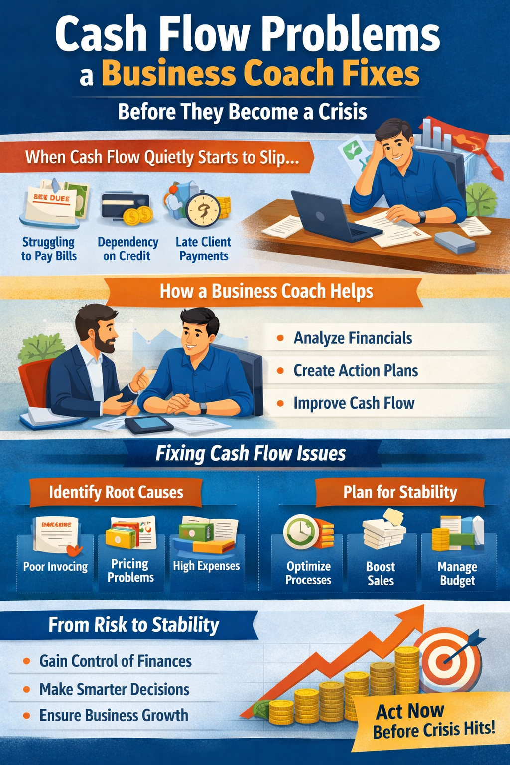Infographic illustrating early cash flow problems in a business, featuring a stressed business owner reviewing finances at a desk. Sections highlight warning signs such as struggling to pay bills, reliance on credit, and late client payments. Additional panels explain how a business coach helps by analyzing finances, creating action plans, and improving cash flow. The graphic also shows root causes like poor invoicing, pricing issues, and high expenses, along with solutions such as optimizing processes, boosting sales, and managing budgets. The overall message emphasizes taking action early to move from financial risk to stability and growth.