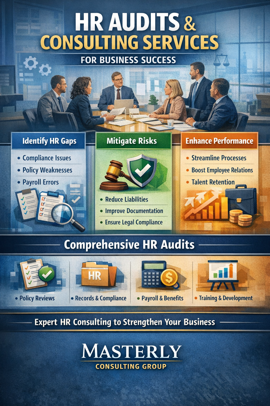 HR Audits & Consulting Services for Business Success” showing key benefits of HR audits, including identifying compliance gaps, reducing risks, and improving performance, with sections on policy reviews, payroll and benefits, training, and HR consulting support from Masterly Consulting Group.