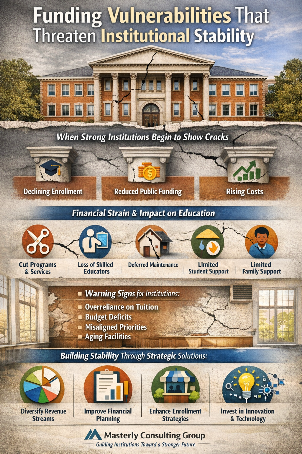 Funding Vulnerabilities That Threaten Institutional Stability” showing a large school building with visible cracks, symbolizing financial instability. It highlights key challenges such as declining enrollment, reduced public funding, and rising costs. Additional sections illustrate the impact on education, including cuts to programs, loss of skilled educators, deferred maintenance, and limited support for students and families. A warning section lists risks like overreliance on tuition, budget deficits, and aging facilities. The infographic concludes with solutions such as diversifying revenue, improving financial planning, enhancing enrollment strategies, and investing in innovation and technology, with branding for Masterly Consulting Group at the bottom.