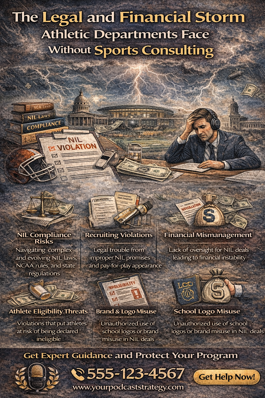 The Legal and Financial Storm Athletic Departments Face Without Sports Consulting,” showing NIL compliance risks, recruiting violations, financial mismanagement, and athlete eligibility threats in college athletics.