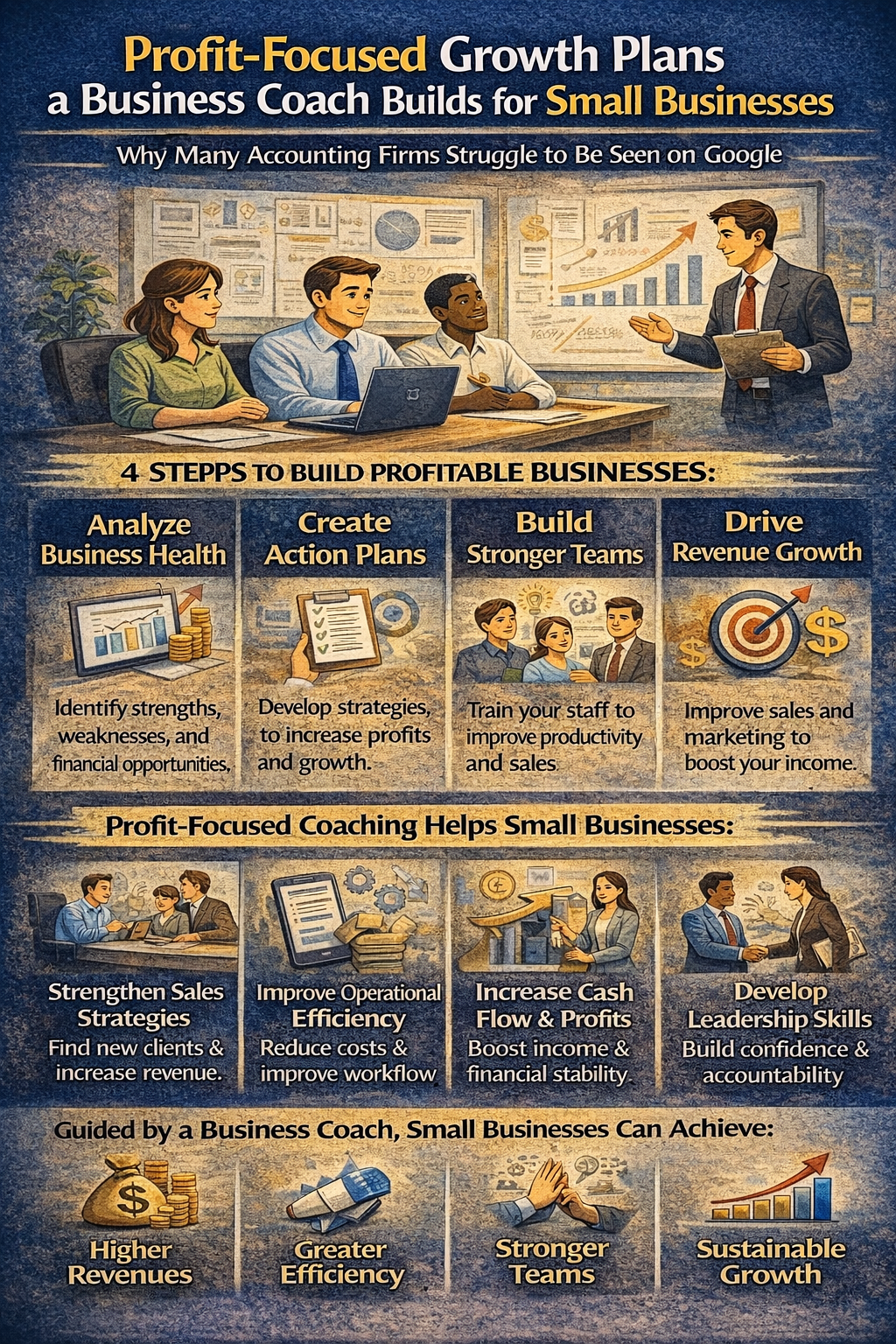Infographic explaining profit-focused growth plans built by a business coach for small businesses, highlighting steps such as analyzing business health, creating action plans, building stronger teams, and driving revenue growth, along with benefits like improved sales strategies, greater operational efficiency, increased cash flow, stronger leadership, and sustainable business growth.