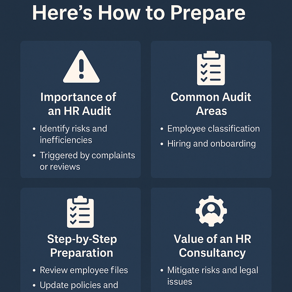 Triangle warning icon with 'Importance of an HR Audit' and bullet points 'Identify risks and inefficiencies' and 'Triggered by complaints or reviews.