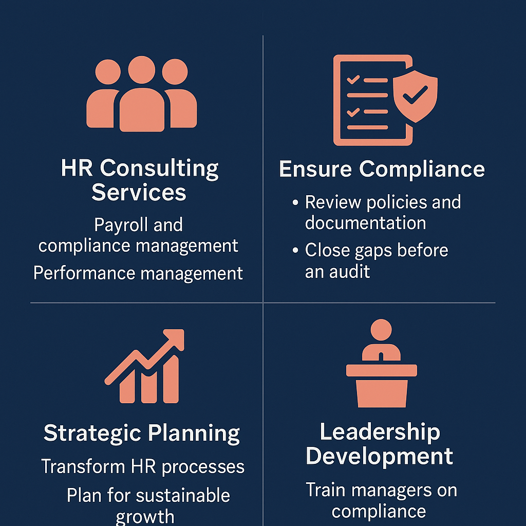 Icon of three people with 'HR Consulting Services' and subpoints 'Payroll and compliance management' and 'Performance management.