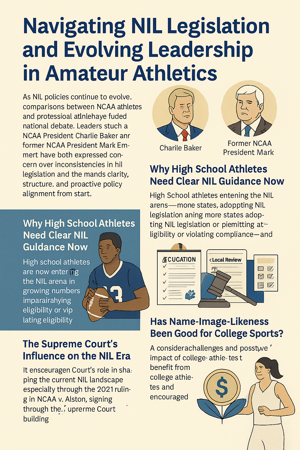 Header Section – Highlights the evolving NIL (Name, Image, and Likeness) policy landscape and mentions leadership commentary from NCAA President Charlie Baker and former President Mark Emmert. Illustrated portraits of both leaders are included.