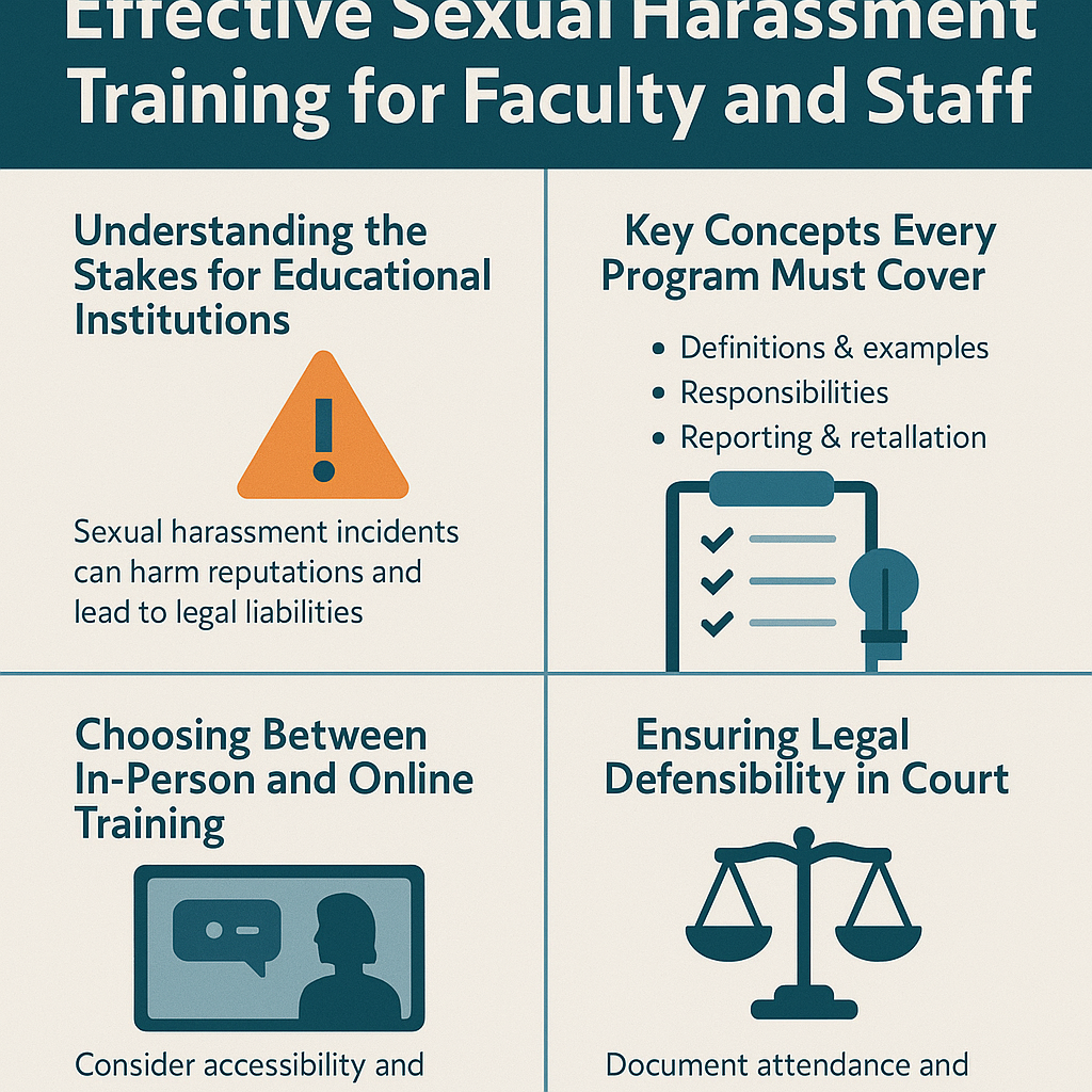 Understanding the Stakes for Educational Institutions: Features an orange warning triangle and notes that sexual harassment incidents can harm reputations and lead to legal liabilities.