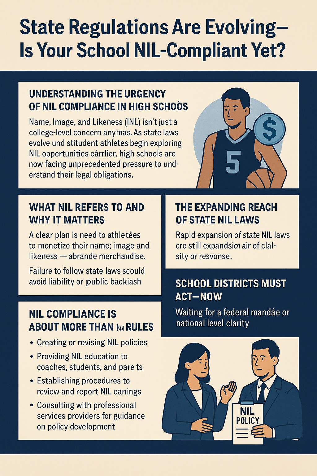An educational poster titled “State Regulations Are Evolving—Is Your School NIL-Compliant Yet?” features a three-section layout with a cream background and blue accent panels. The top section explains the urgency of NIL (Name, Image, and Likeness) compliance for high schools as laws evolve. A central panel outlines what NIL means, why it matters, and the rapid expansion of state NIL laws. The bottom section highlights the need for more than just rule-following, listing actions like creating policies, educating stakeholders, and consulting professionals. Illustrations include a male basketball player with a dollar sign icon and two administrators discussing NIL policy documents.
