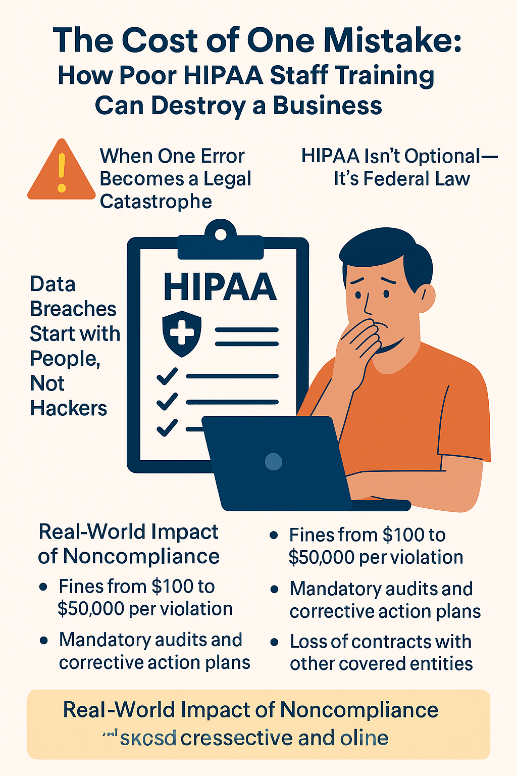 A 2D digital infographic titled 'The Cost of One Mistake: How Poor HIPAA Staff Training Can Destroy a Business.' At the top, warning icons and bold headings highlight key risks: 'When One Error Becomes a Legal Catastrophe' and 'HIPAA Isn’t Optional—It’s Federal Law.' The center shows a worried staff member at a laptop next to a clipboard labeled 'HIPAA' with a checklist icon. Left text reads 'Data Breaches Start with People, Not Hackers.' The lower section lists real-world impacts of noncompliance including fines from $100 to $50,000 per violation, mandatory audits, and contract losses. A yellow banner at the bottom reiterates the real-world impact of noncompliance.
