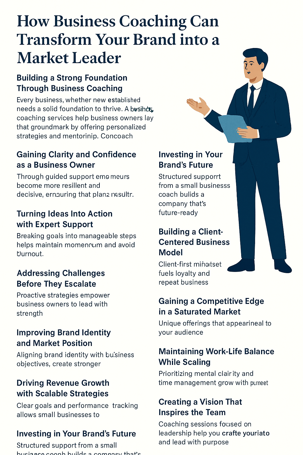 Infographic titled “How Business Coaching Can Transform Your Brand into a Market Leader.” It is divided into twelve short sections, each highlighting a benefit of business coaching such as building a strong foundation, gaining clarity, driving revenue growth, and maintaining work-life balance. On the right side, an illustration of a professional man in a suit holding a folder symbolizes expert guidance. The design uses a clean layout with navy blue headers on a light background, presenting actionable insights to help entrepreneurs and small business owners grow and lead with confidence.