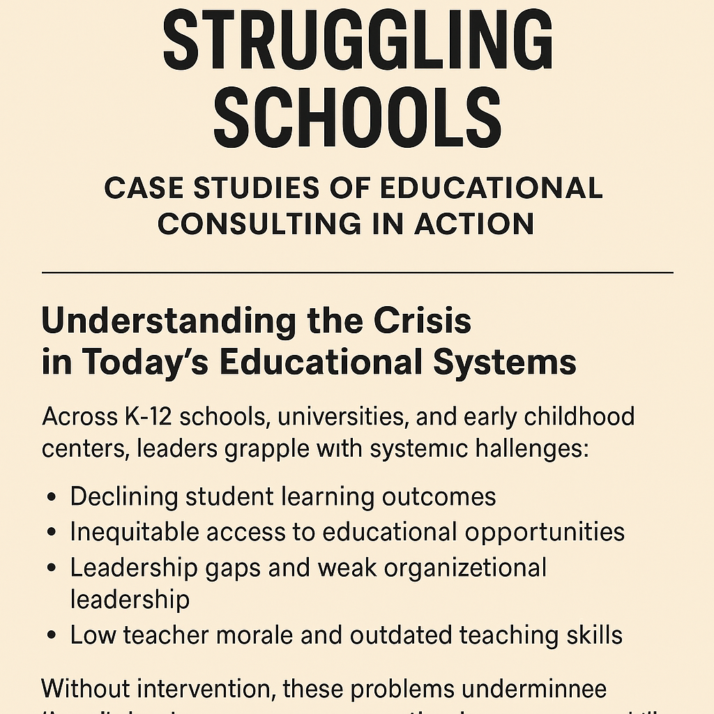 Informational graphic titled ‘Rescuing Struggling Schools: Case Studies of Educational Consulting in Action,’ featuring key challenges in education such as declining student outcomes, inequitable access, leadership gaps, and low teacher morale, displayed on a beige background with bold black headings.