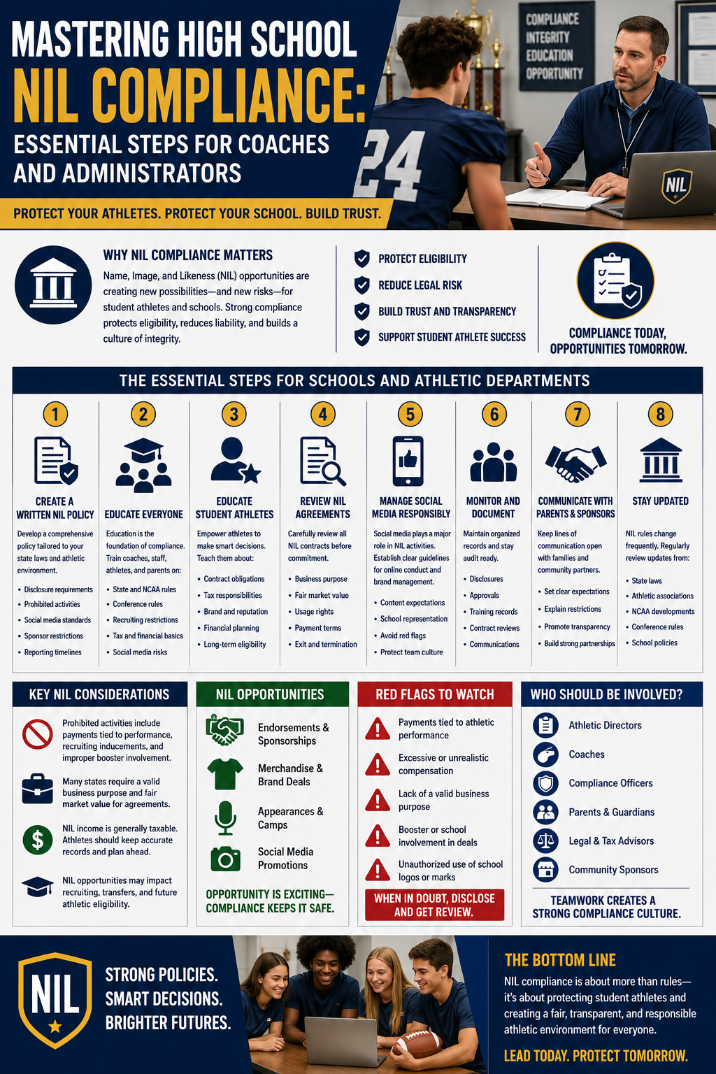 Mastering High School NIL Compliance: Essential Steps for Coaches and Administrators.” The design features navy blue, gold, white, and gray colors with images of coaches, student athletes, and compliance-themed icons. The top section explains why NIL compliance matters for schools, emphasizing athlete protection, legal risk reduction, transparency, and student success. The center section outlines eight essential NIL compliance steps for schools and athletic departments, including creating a written NIL policy, educating coaches and athletes, reviewing NIL agreements, managing social media responsibly, monitoring disclosures, communicating with parents and sponsors, and staying updated on evolving rules. Additional panels highlight key NIL considerations, common NIL opportunities such as endorsements and sponsorships, red flags to watch for, and the importance of involving athletic directors, coaches, compliance officers, legal advisors, and parents. The bottom section stresses that NIL compliance is about protecting student athletes, preserving eligibility, and creating a fair and responsible athletic environment.