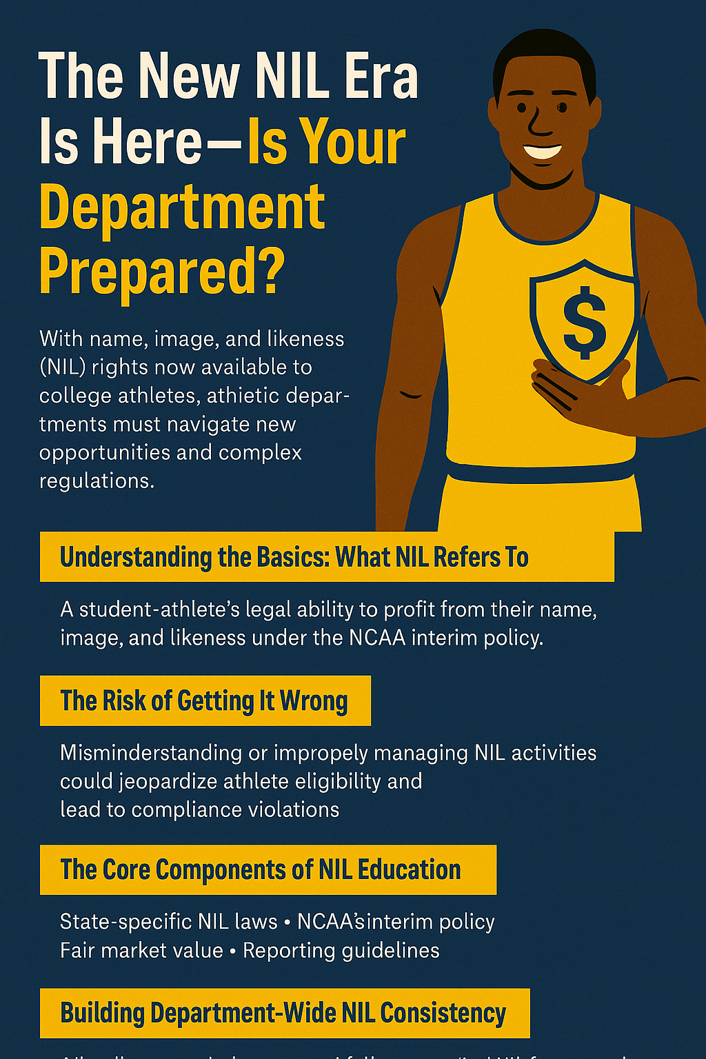 Digital infographic with a dark blue background and bold white and yellow text titled 'The New NIL Era Is Here—Is Your Department Prepared?' An illustrated African American male college athlete in a yellow jersey holds a dollar sign shield, symbolizing NIL earnings. Below, highlighted sections explain key topics: understanding NIL basics, risks of mismanagement, core NIL education components, and the need for consistent department-wide implementation