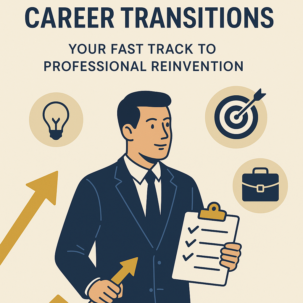 A clean, modern illustration featuring a professional man in a navy suit holding a clipboard and a gold upward arrow, symbolizing growth and career advancement. Surrounding him are icons of a light bulb, target, and briefcase, representing ideas, goals, and professional success. The title reads “Career Transitions: Your Fast Track to Professional Reinvention,” with a color palette of navy blue, gold, and beige conveying confidence, clarity, and transformation.