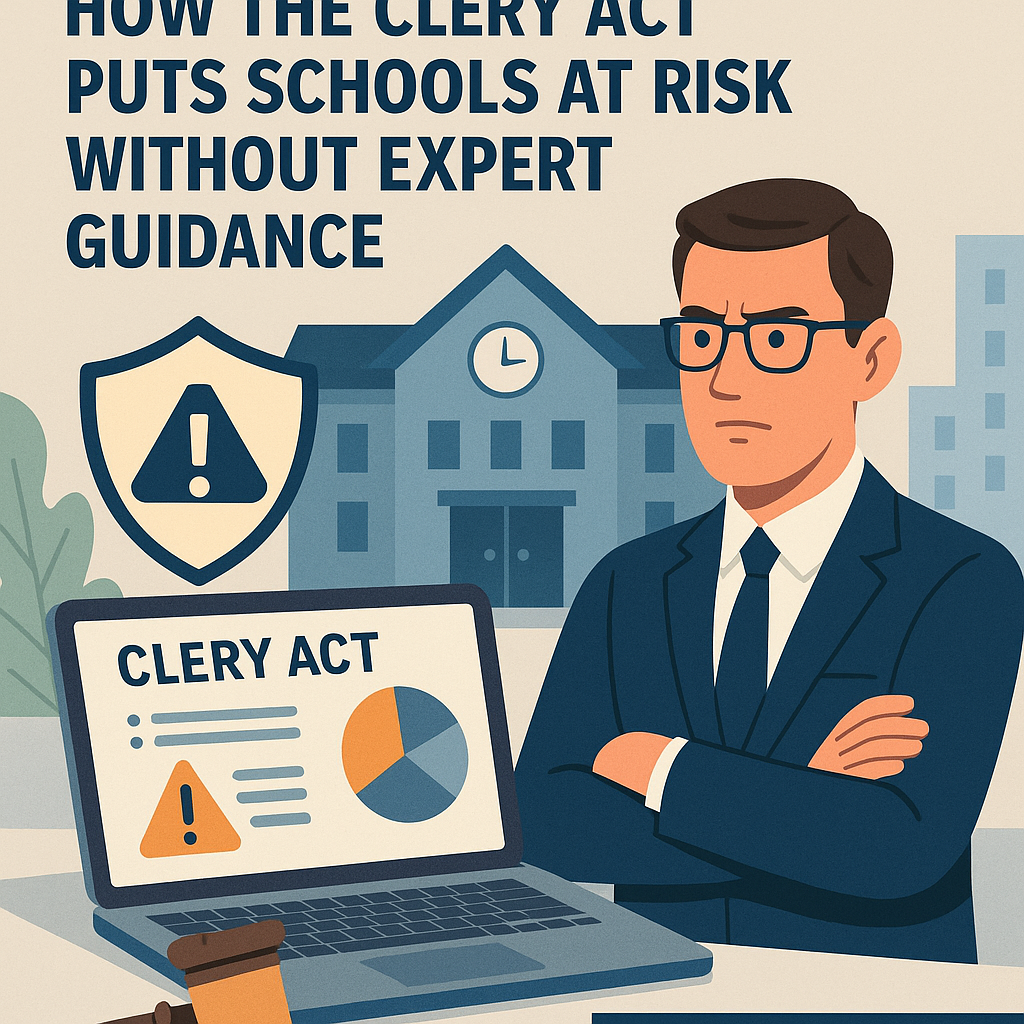 Education Consulting Firm Insights: How the Clery Act Puts Schools at Risk Without Expert Guidance” by Masterly Consulting Group. The design shows a serious consultant in a suit and glasses sitting beside a laptop displaying a “Clery Act” document with warning and pie chart icons. Behind him is a campus building with a clock tower and a large shield symbol with an exclamation mark, representing safety and compliance. The color palette of blue, gray, beige, and orange conveys professionalism, education, and legal oversight.