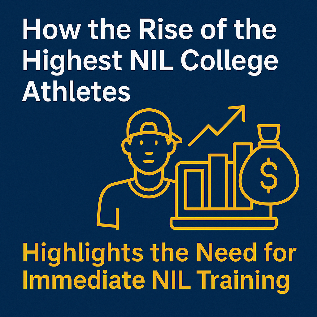 How the Rise of the Highest NIL College Athletes” in large white text. Below it, an illustration in yellow shows a college athlete wearing a cap next to a bar graph, an upward-trending arrow, and a money bag with a dollar sign. Under the illustration, bold yellow text reads, “Highlights the Need for Immediate NIL Training.