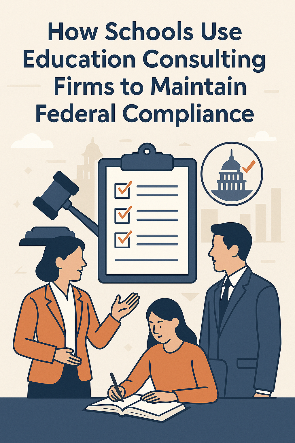 Infographic showing how schools use education consulting firms to maintain federal compliance. The design features a large clipboard with checkmarks, a gavel symbolizing regulations, and an icon of a government building. Three figures—a consultant, a student, and a school leader—are shown collaborating. Background elements include charts and institutional buildings, representing oversight and improvement in K-12 and higher education.