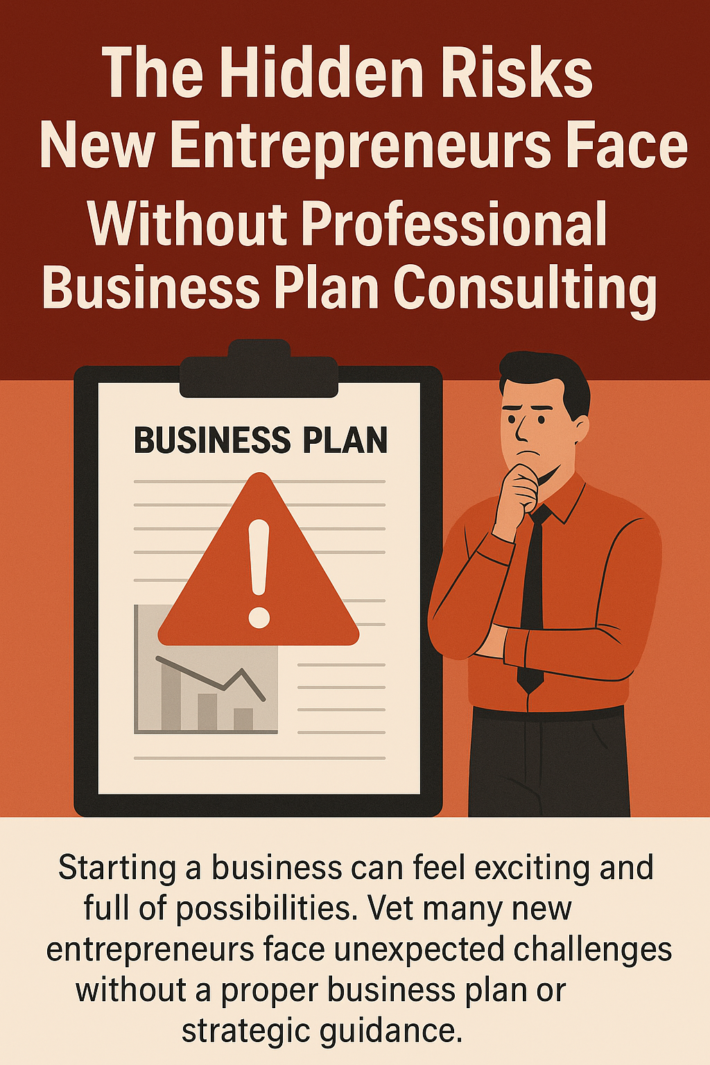 The Hidden Risks New Entrepreneurs Face Without Professional Business Plan Consulting,’ displayed in large white text on a dark red background. Below the title, an illustrated clipboard labeled ‘Business Plan’ shows a warning triangle with an exclamation mark, signaling risk. To the right stands a worried businessman in a dress shirt and tie, holding his chin thoughtfully. The bottom section includes text explaining that many new entrepreneurs face unexpected challenges when they launch a business without proper planning or strategic guidance. The design uses warm tones of red, orange, beige, and black to convey urgency and caution.