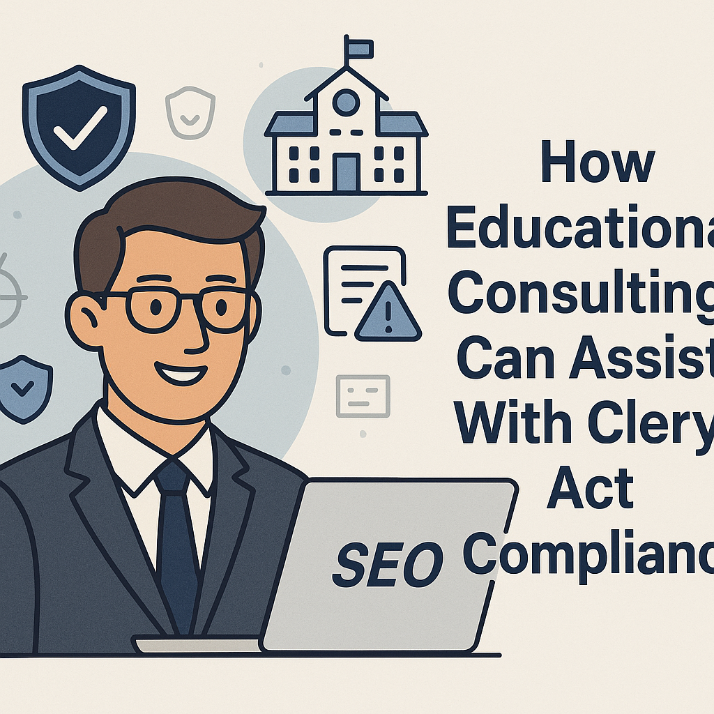 Illustrated graphic showing a smiling educational consultant wearing glasses and a suit, seated in front of a laptop. Surrounding icons include a school building, warning symbol, shield checkmark, and document outline, representing campus safety and compliance. Text on the right reads: “How Educational Consulting Can Assist With Clery Act Compliance.” The artwork uses flat-style design with soft blue and beige tones.