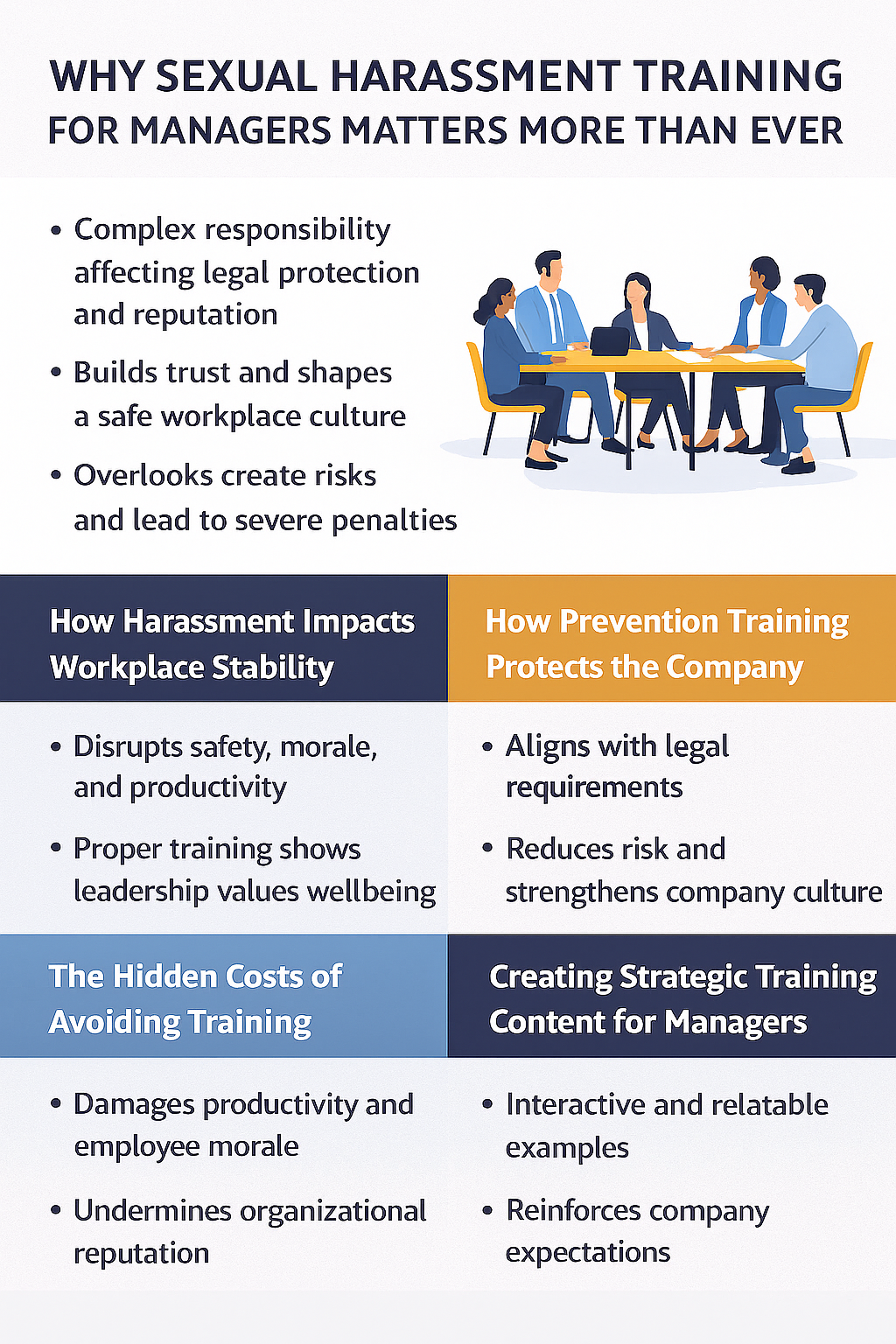 A digital infographic titled ‘Why Sexual Harassment Training for Managers Matters More Than Ever.’ The top section features an illustration of five professionally dressed employees sitting around a conference table discussing workplace policies. The infographic is divided into four main content blocks: (1) Key reasons manager training is essential, including legal protection, trust-building, and preventing safety risks; (2) How harassment impacts workplace stability, emphasizing effects on morale, productivity, and organizational trust; (3) How prevention training protects the company by aligning with legal requirements and reducing liability; and (4) The hidden costs of avoiding training along with the importance of creating strategic, interactive training for managers. The design uses navy blue, gold, and light blue backgrounds to visually separate sections for clarity.