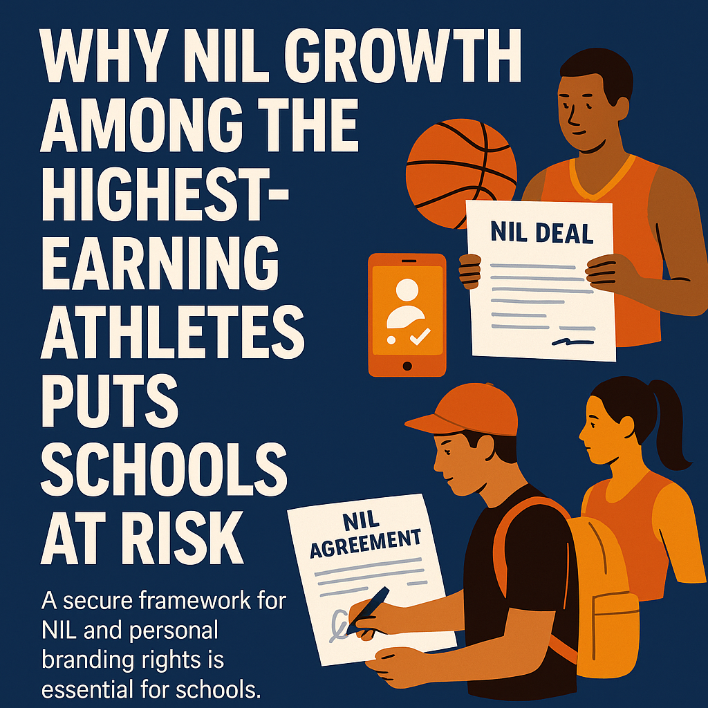 Why NIL Growth Among the Highest-Earning Athletes Puts Schools at Risk.’ A subheading states: ‘A secure framework for NIL and personal branding rights is essential for schools.’ The background is dark blue with warm-toned illustrated characters.
