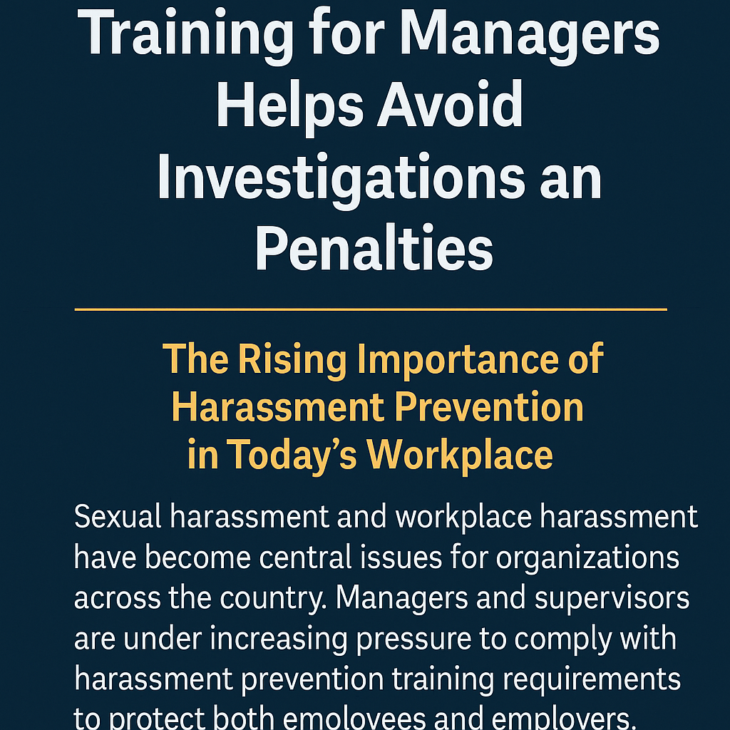 The Rising Importance of Harassment Prevention in Today’s Workplace.' Underneath, smaller white text explains that sexual harassment and workplace harassment are central issues nationwide, and that managers face increasing pressure to comply with prevention training requirements to protect employees and employers.