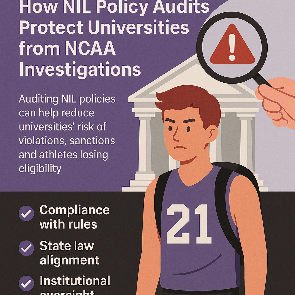 How NIL Policy Audits Protect Universities from NCAA Investigations,” with supporting points including “Compliance with rules,” “State law alignment,” and “Institutional oversight.