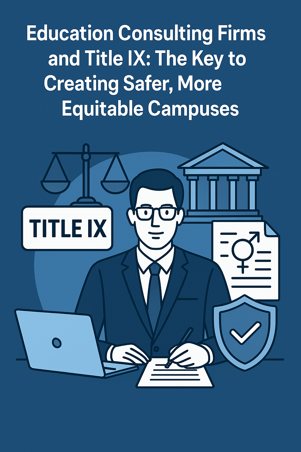 An illustration showing a professional education consultant in a suit sitting at a desk with a laptop and documents, symbolizing Title IX compliance and campus safety. Behind him are icons including a courthouse, scales of justice, a gender equality symbol, a shield with a checkmark, and a “TITLE IX” sign. The background uses shades of blue, representing professionalism, fairness, and the role of education consulting firms in creating equitable campuses.